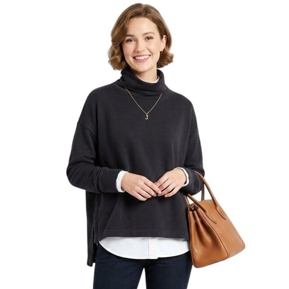 J.Crew Vintage | Fleece Turtleneck Sweatshirt Black High‎ Low Hem | Large L